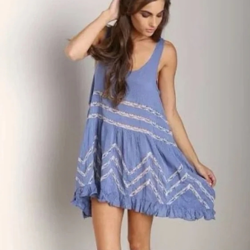 Intimately Free People Blue And lace Slip Dress Babydoll Shirt Sz Xsmall - Picture 1 of 6
